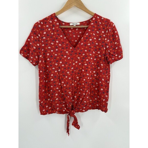 Madewell Womens XSMALL Tie Front Blouse Red Floral Short Sleeve V-Neck Viscose - Picture 1 of 10